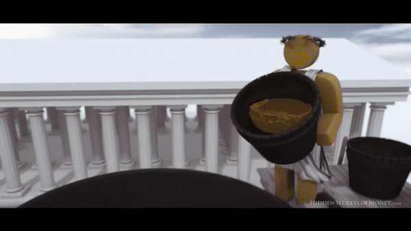 Illustration depicting how as the Athenian gold coinage was debased (i.e. diluted) with copper, the coinage became less valuable and hence the prices of goods rose.