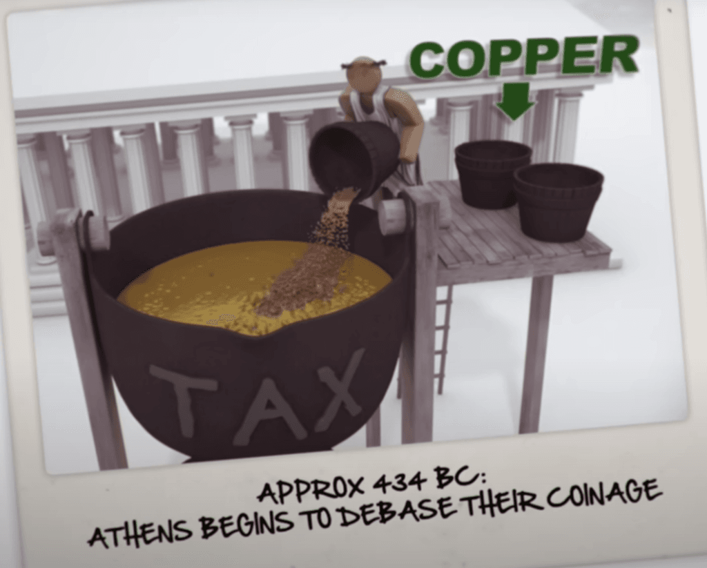 Illustration depicting Athenian gold coinage being debased (i.e. diluted) with copper.